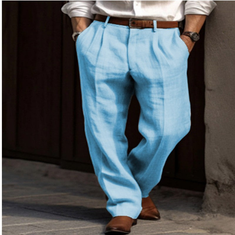 New Men's Linen Trousers Double Pleated Front Pocket Straight Solid Color Comfortable Breathable Casual Daily Vacation Cotton Blend Fashion