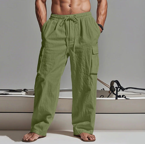 2025 Amazon Men's Solid Color plus size Cordwork Pants Drawstring Elelastic Multi-Pocket Wide Men's Casual Pants