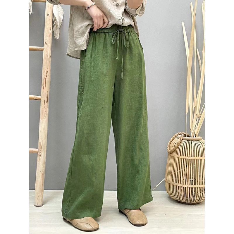 Cotton and Linen Pure Color Literary Retro Straight Pants for Women 2024 Spring Elastic Waist Loose Versatile Narrow Wide Leg Pants Long Pants