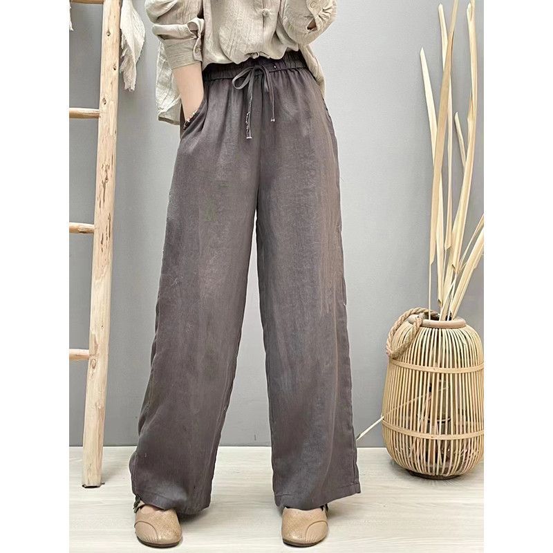 Cotton and Linen Pure Color Literary Retro Straight Pants for Women 2024 Spring Elastic Waist Loose Versatile Narrow Wide Leg Pants Long Pants