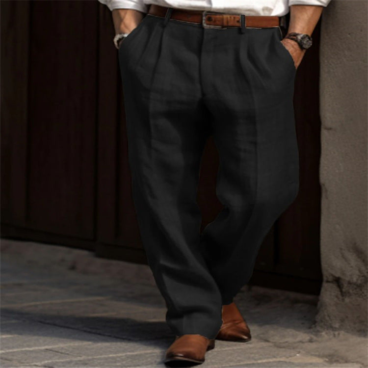 New Men's Linen Trousers Double Pleated Front Pocket Straight Solid Color Comfortable Breathable Casual Daily Vacation Cotton Blend Fashion