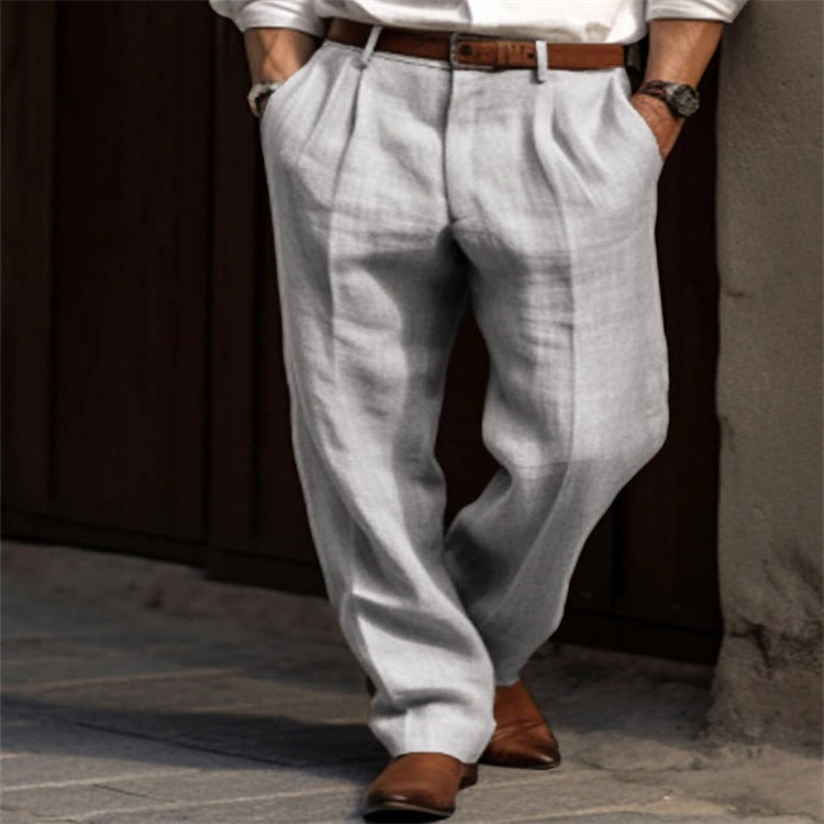 New Men's Linen Trousers Double Pleated Front Pocket Straight Solid Color Comfortable Breathable Casual Daily Vacation Cotton Blend Fashion