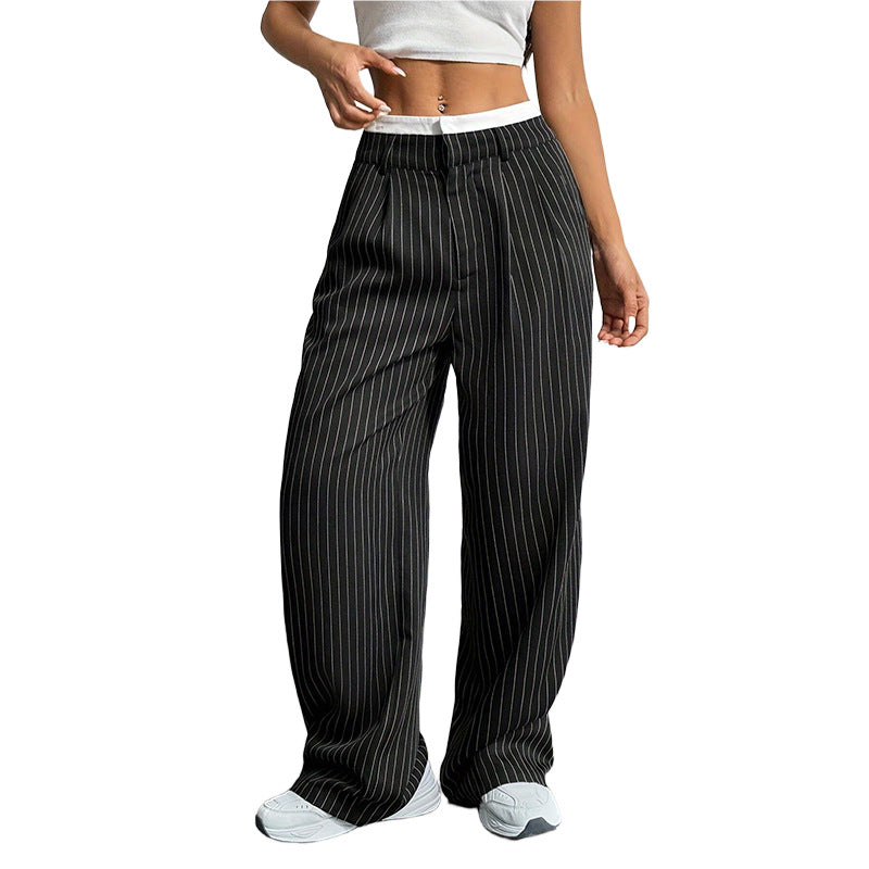 2025 Cross-border Spring and Summer New Women's Trousers Fashion Casual High Waist Stitching Dosing Loose Straight Pants