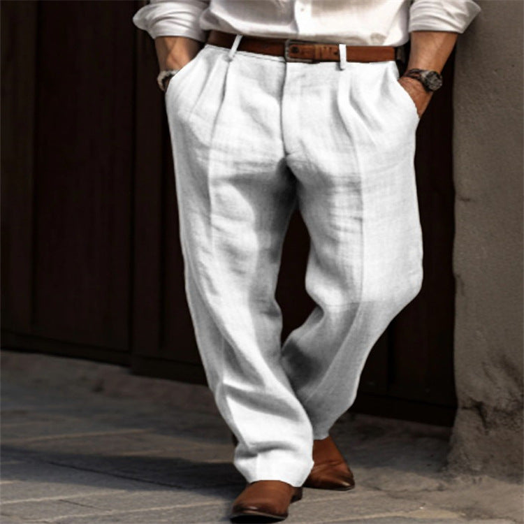 New Men's Linen Trousers Double Pleated Front Pocket Straight Solid Color Comfortable Breathable Casual Daily Vacation Cotton Blend Fashion