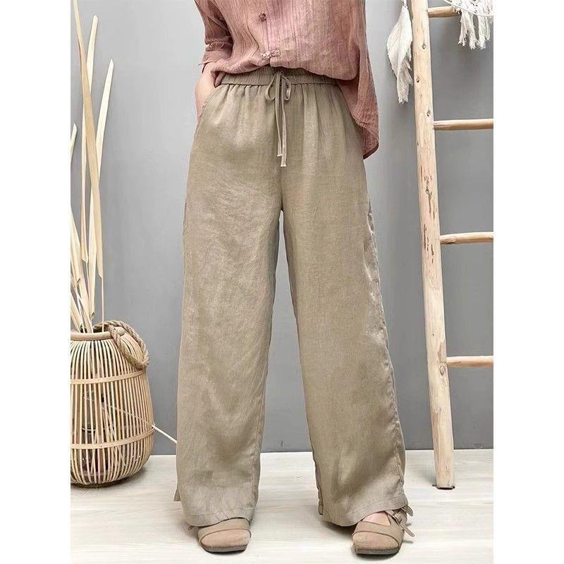 Cotton and Linen Pure Color Literary Retro Straight Pants for Women 2024 Spring Elastic Waist Loose Versatile Narrow Wide Leg Pants Long Pants