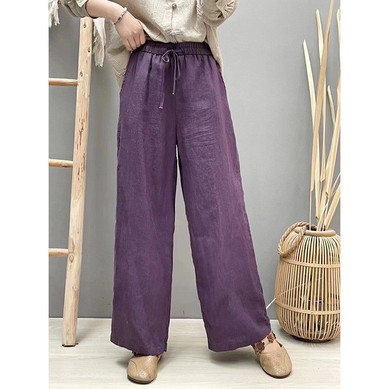 Cotton and Linen Pure Color Literary Retro Straight Pants for Women 2024 Spring Elastic Waist Loose Versatile Narrow Wide Leg Pants Long Pants