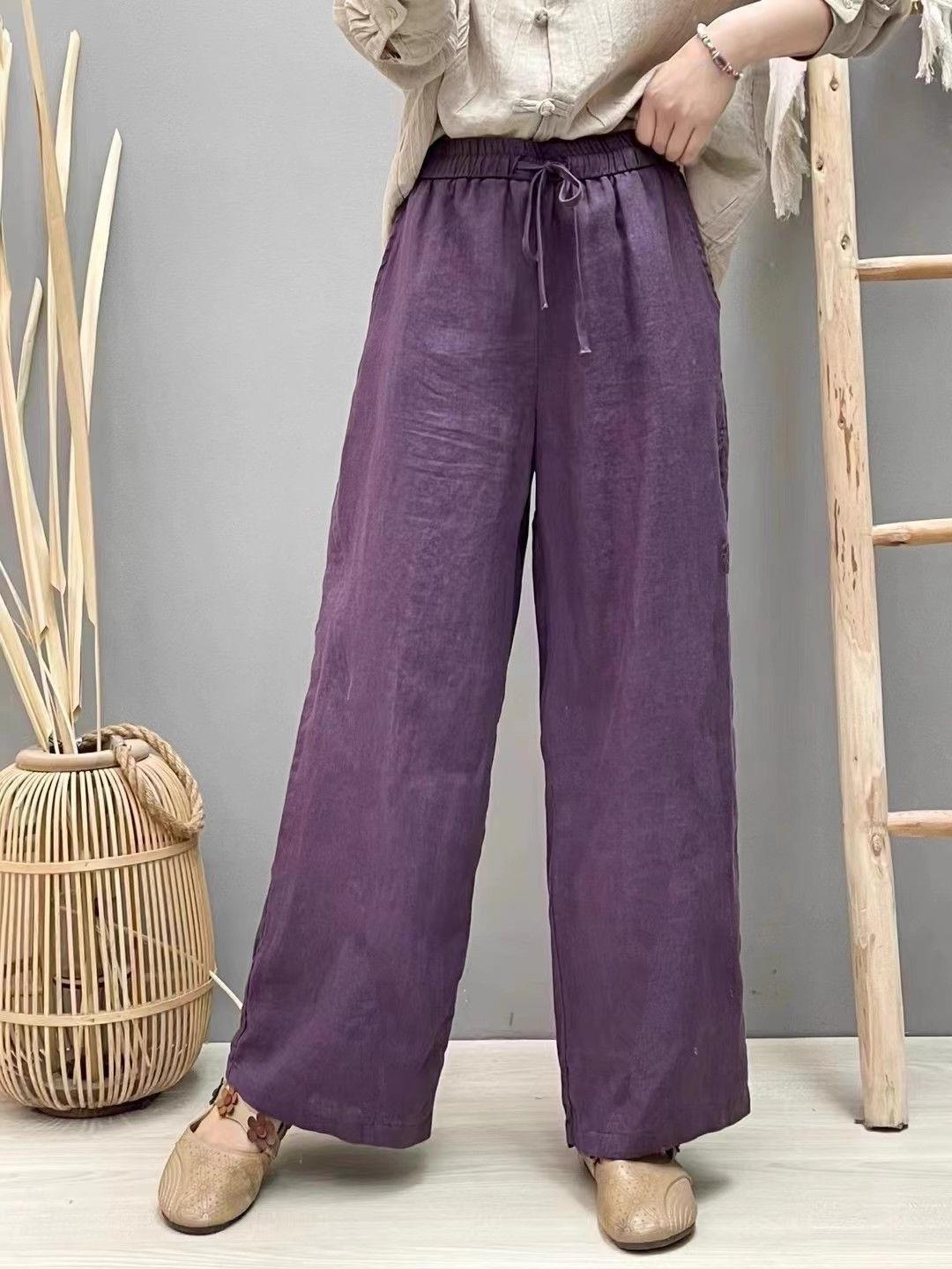 Cotton and Linen Pure Color Literary Retro Straight Pants for Women 2024 Spring Elastic Waist Loose Versatile Narrow Wide Leg Pants Long Pants