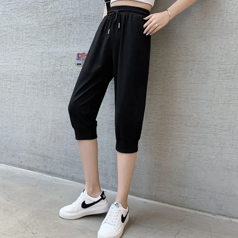 95 Cotton Terry Spring and Summer High Black Harem Pants Cropped Pants Outer Shorts Summer Thin Casual Pants Women's Breeches