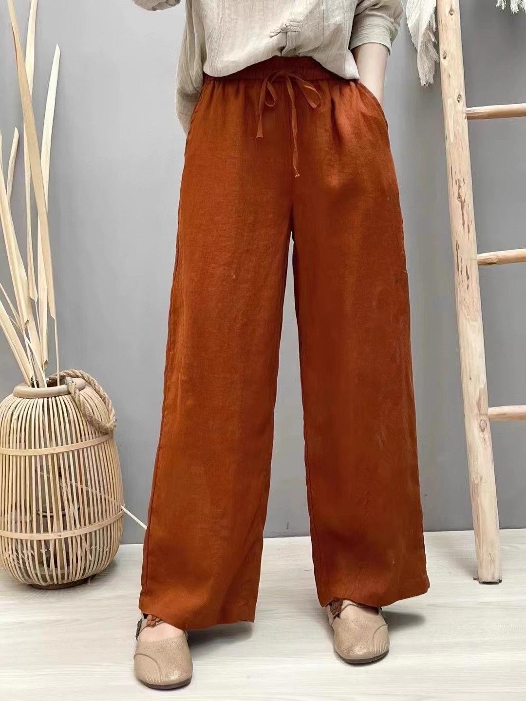 Cotton and Linen Pure Color Literary Retro Straight Pants for Women 2024 Spring Elastic Waist Loose Versatile Narrow Wide Leg Pants Long Pants