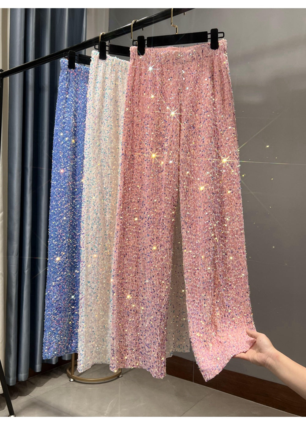 Autumn and Winter New Korean Velvet Sequin Wide Leg Pants Long Dose Slimming Mop Pants Shiny Casual Straight Pants for Women