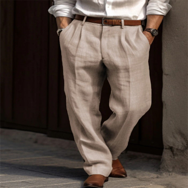 New Men's Linen Trousers Double Pleated Front Pocket Straight Solid Color Comfortable Breathable Casual Daily Vacation Cotton Blend Fashion