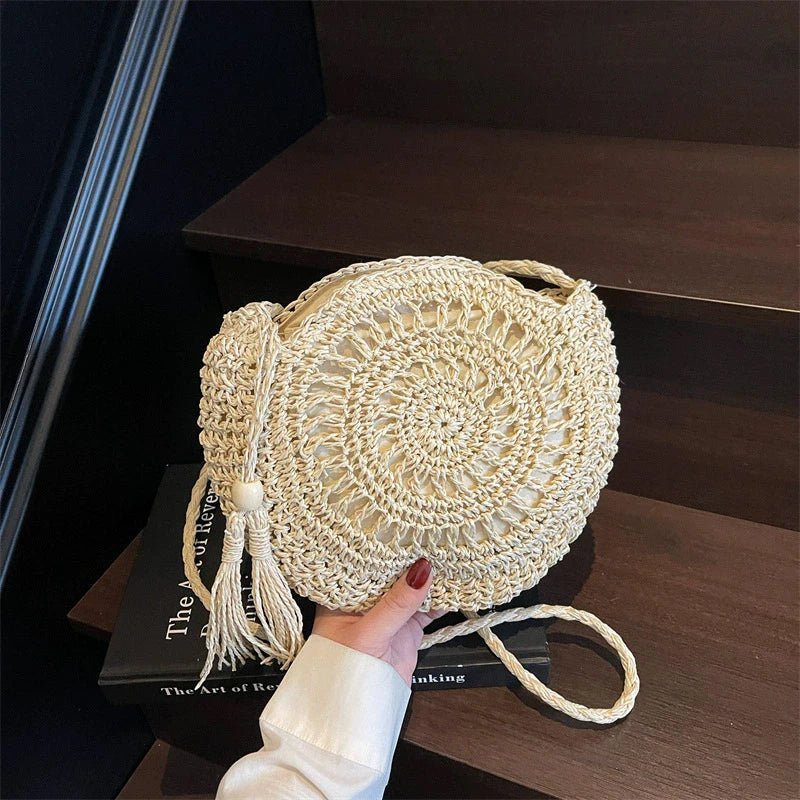 Handmade Knitting Women's Bags Tassel Crossbody Shoulder Handmade Knitting Bags Crochet Round Straw Bag Women's Bag Beach Bags