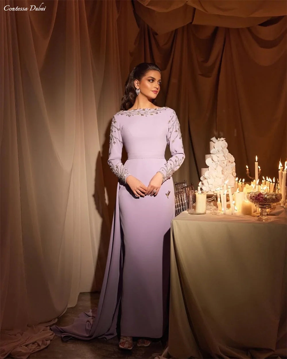 Contessa Custom evening dress prom dress elegant lilac crepe gown bateau neck long sleeve beaded sleeves train for wedding guest