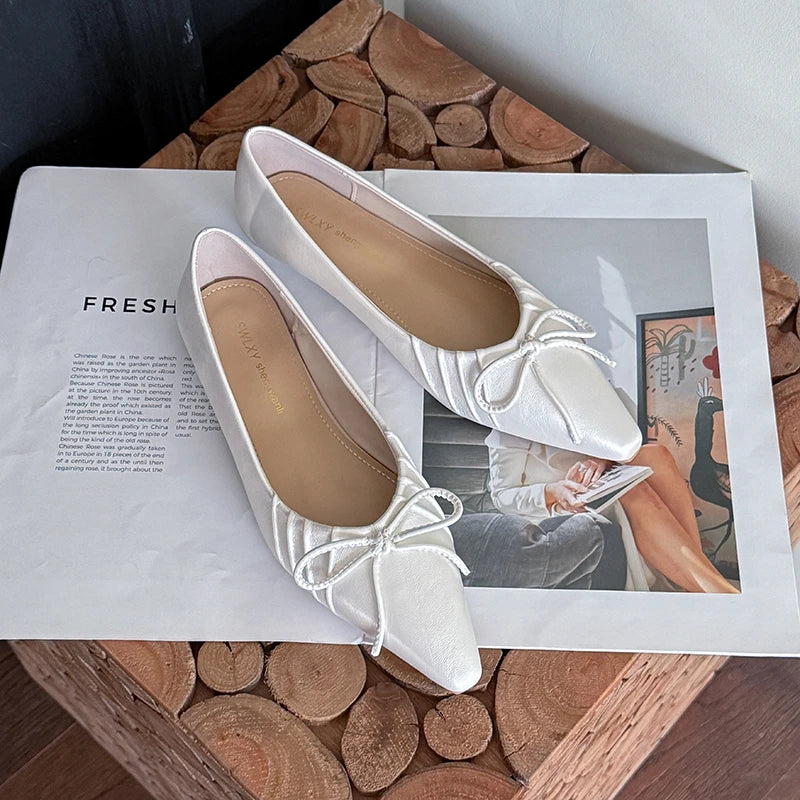 Leisure Pumps Women Basic Slip on Square Low Heels Pointed Toe Shoes Woman Solid Butterfly Knot Women Pumps Plus Size