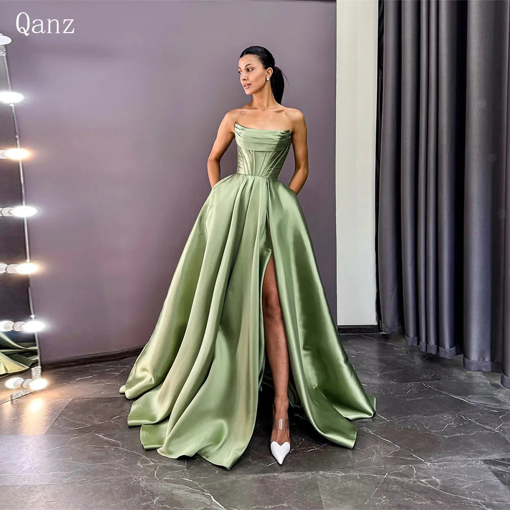 Qanz Sage Green Evening Dresses Satin High Slit Strapless Vestidos De Fiesta Elegantes with Pocket Party Prom Gown Customized