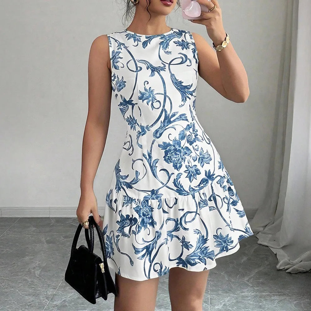 Ropas De Mujeres Print Dresses Vestidos Elegantes Women Vest Dress Sleeveless Summer Beach Bohemian Round Neck Retro Short Dress