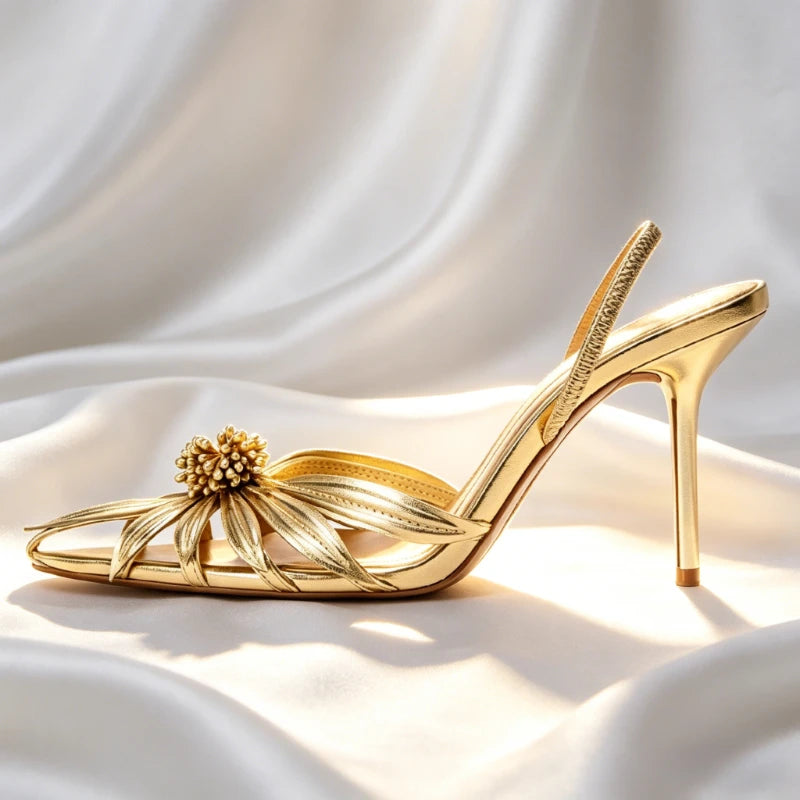 Luxury Gold Floral Detail Slingback Heels Women Unique Laminated Effect Design Pointed-Toe Heel Sandals Elegant Party Dress Shoe