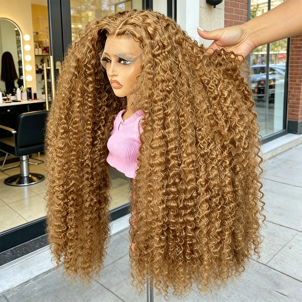 34 38Inch Honey Blonde Wig Human Hair Deep Wave 13x6 Hd Lace Frontal Wig 230 Density Preplucked #27 Colored Curly Lace Front Wig