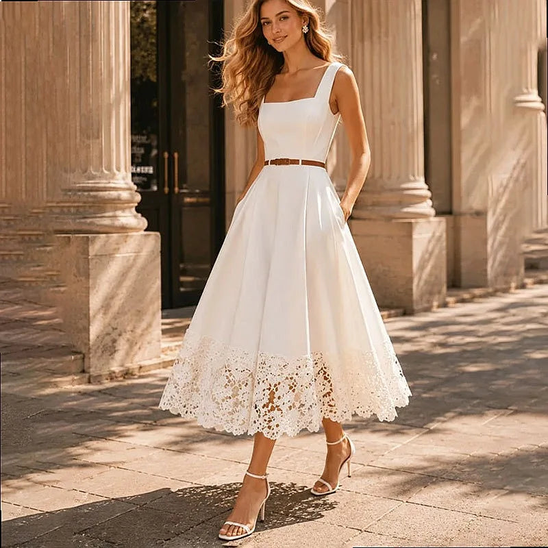 Elegant White Lace Hollow Square Neck Sleeveless A-Line Maxi Dresses, Classic Summer Flowy Long Dress for Women