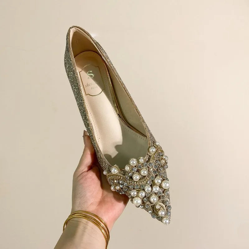 High-end Rhinestone Block Heel Single Shoes Fashion Pointed Toe Shallow Mouth Slip-on Non-Slip Low Top Shoes