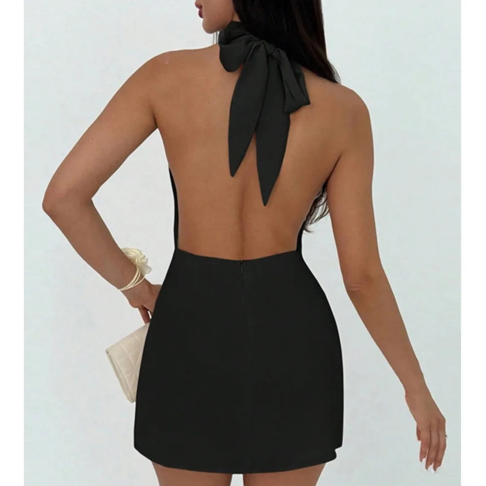 Sexy Sleeveless Dress Women Summer New Simple Party Dress High Neck Strappy Backless Short Dress Vestidos De Fiesta Elegantes