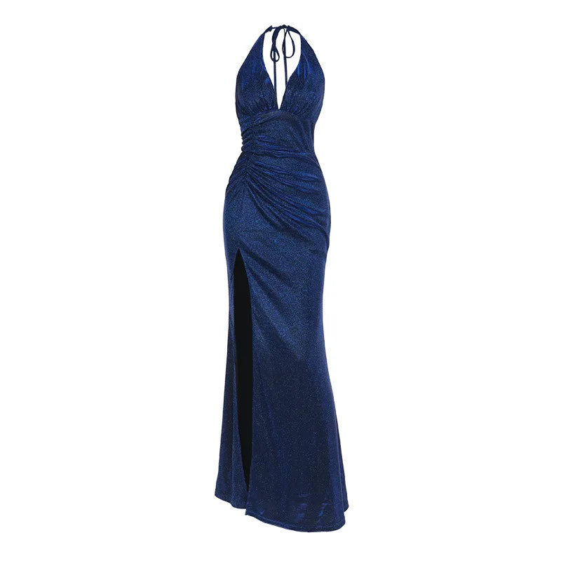 Women's V-neck Hanging Neck Shiny Sexy Long Dresses Evening Dress Vestidos De Mujer Elegantes