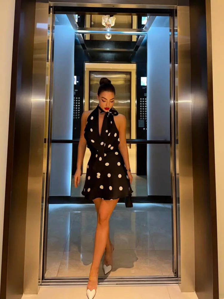 Huhugirl Mini Dresses Backless Sleeveless A-Line Halter Dot Printing Summer Elegant French Party Street Style Slim For Women