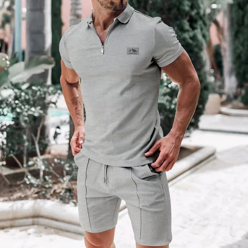 2026 New Men's European Style Suit Set - Summer Solid Color Zippered Blouse with Collar, Short Sleeves, Dress Shorts - Two-Piece