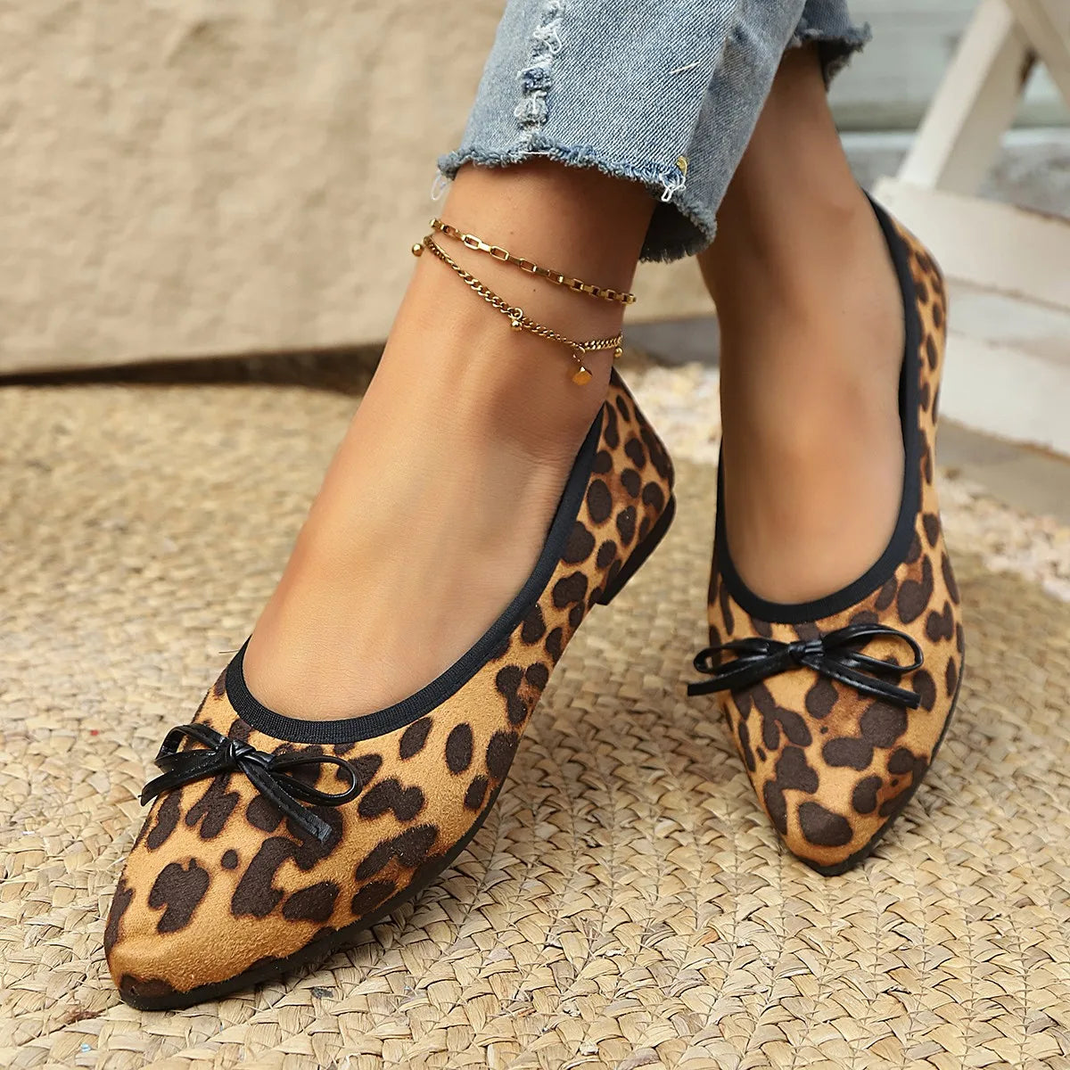 2026 Leopard Flats Women Round Toe Bowtie Work Shoes Spring Ballerines Ladies Soft Soled Loafers Roll-Up Mocasines Femme Ballets