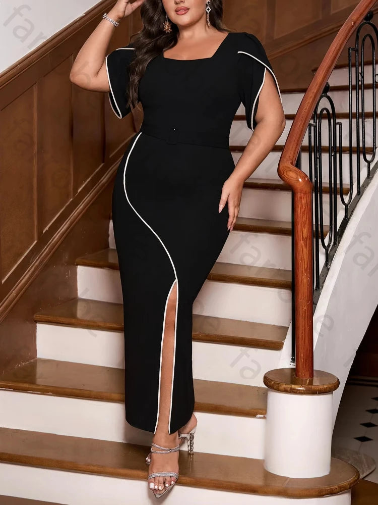 Customized Sexy Square Collar Short Sleeves Elegant Side Slit Celebrity Dress Exquisite High Quality Prom Party Gowns for Women