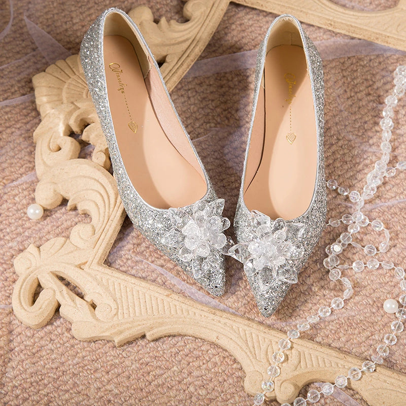 Glass Slipper Luxury Women's Wedding Shoes Fashion Bling Low Heels for Woman Exquisite Casual Shoes Designer Shoes Zapatos Mujer