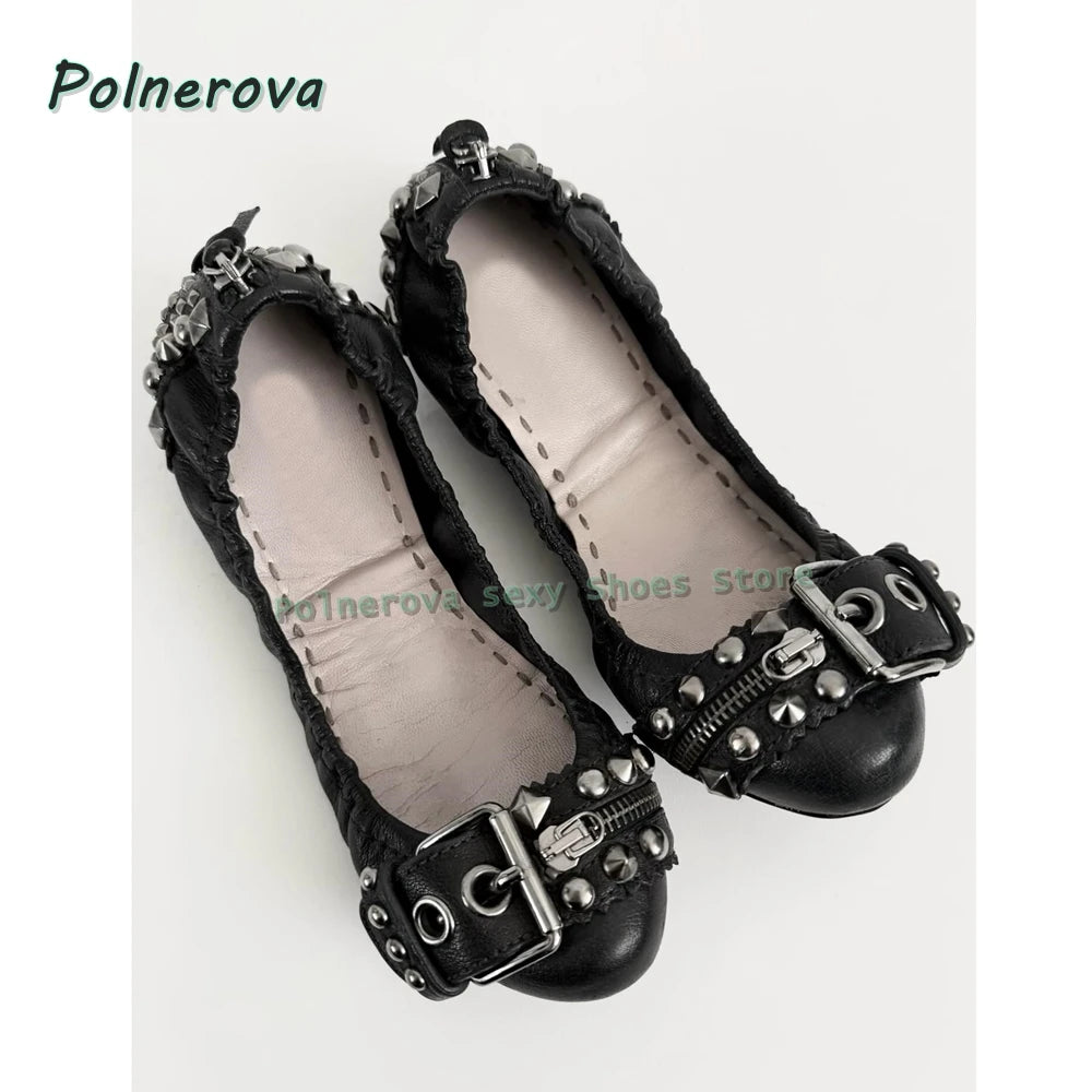 Rivet Belt Buckle Mary Jane Shoes Pointed Toe Flat with Shallow Zipper Decoration Women Fashion Pumps 2026 Spring Summer Shoes
