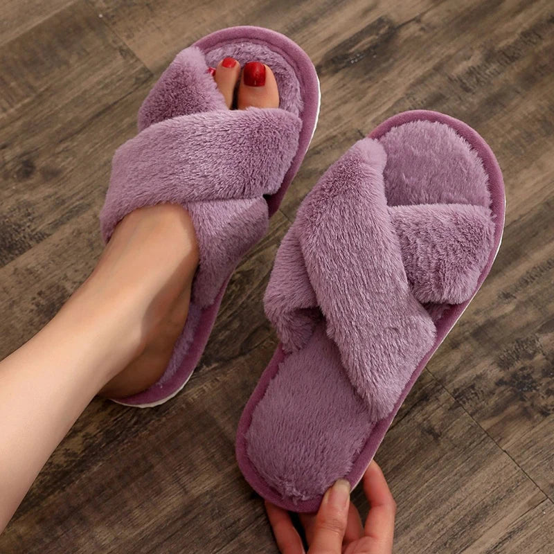 Autumn Winter Fluffy Fur Slippers Women Lightweight Cross Band Plush Slides Woman 2025 Open Toe Flats Fuzzy Home Slippers Female