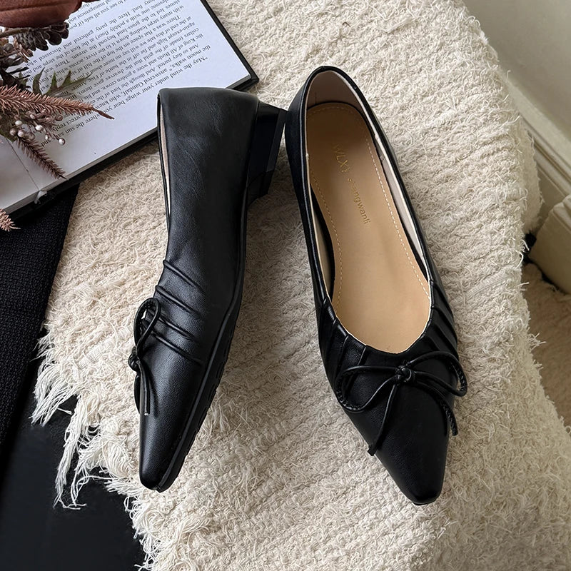 Leisure Pumps Women Basic Slip on Square Low Heels Pointed Toe Shoes Woman Solid Butterfly Knot Women Pumps Plus Size