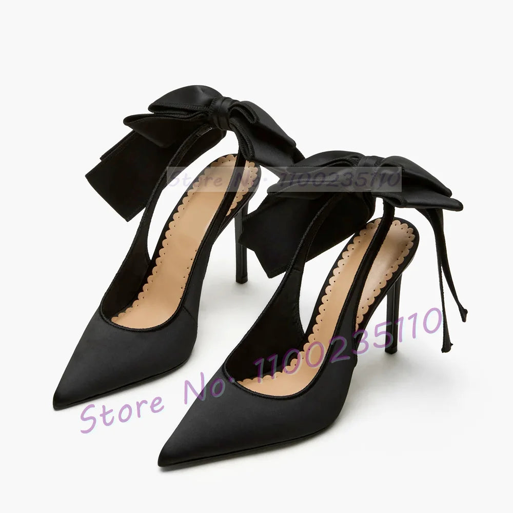 White Sleek Satin Pointed Toe Slingback Sandals Women Feminine Bow Detail Stiletto Shoes Office Lady Wedding Elegant Party Shoes