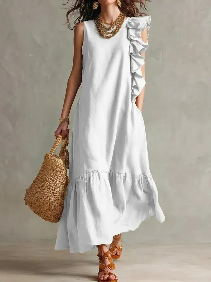 Women's Summer Irregular Ruffled Sleeveless Dress Casual Round Neck Solid Color Loose Long Dress Vestidos De Fiesta Elegantes