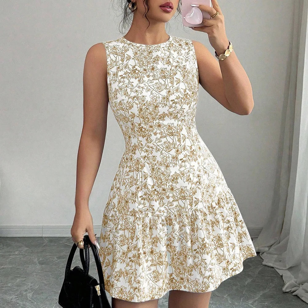 Ropas De Mujeres Print Dresses Vestidos Elegantes Women Vest Dress Sleeveless Summer Beach Bohemian Round Neck Retro Short Dress