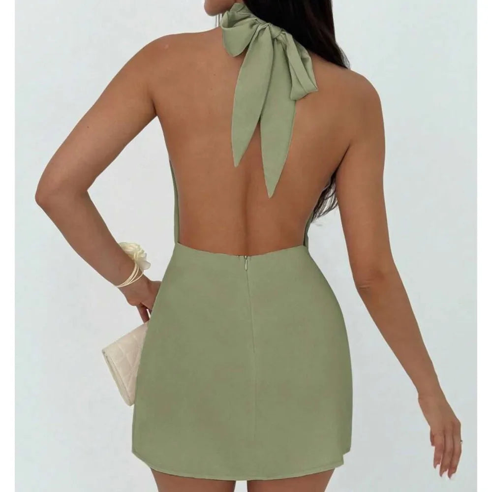 Sexy Sleeveless Dress Women Summer New Simple Party Dress High Neck Strappy Backless Short Dress Vestidos De Fiesta Elegantes