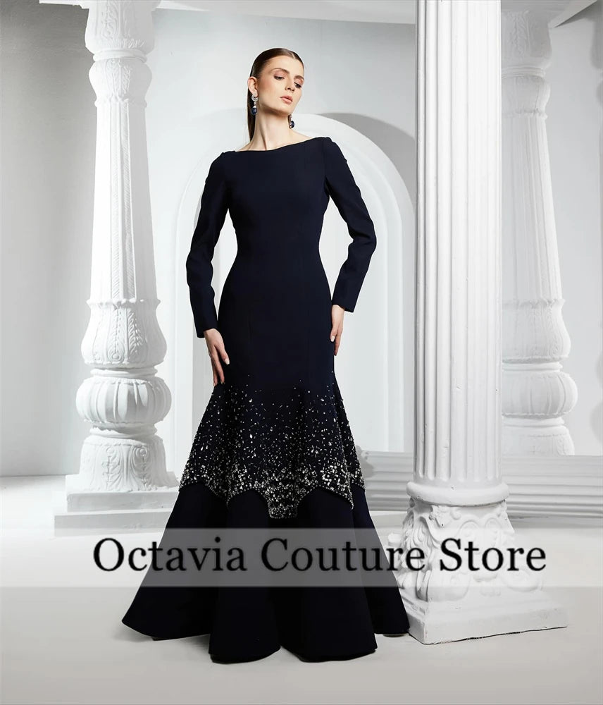 Pretty Black Irregular Neck A-Line Dubai Evening Dresses with Full Sleeves Crystal Elegant Wedding Dresses Prom Gown Customized