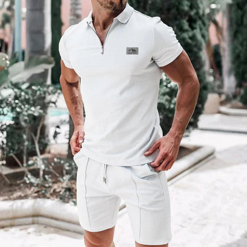 2026 New Men's European Style Suit Set - Summer Solid Color Zippered Blouse with Collar, Short Sleeves, Dress Shorts - Two-Piece