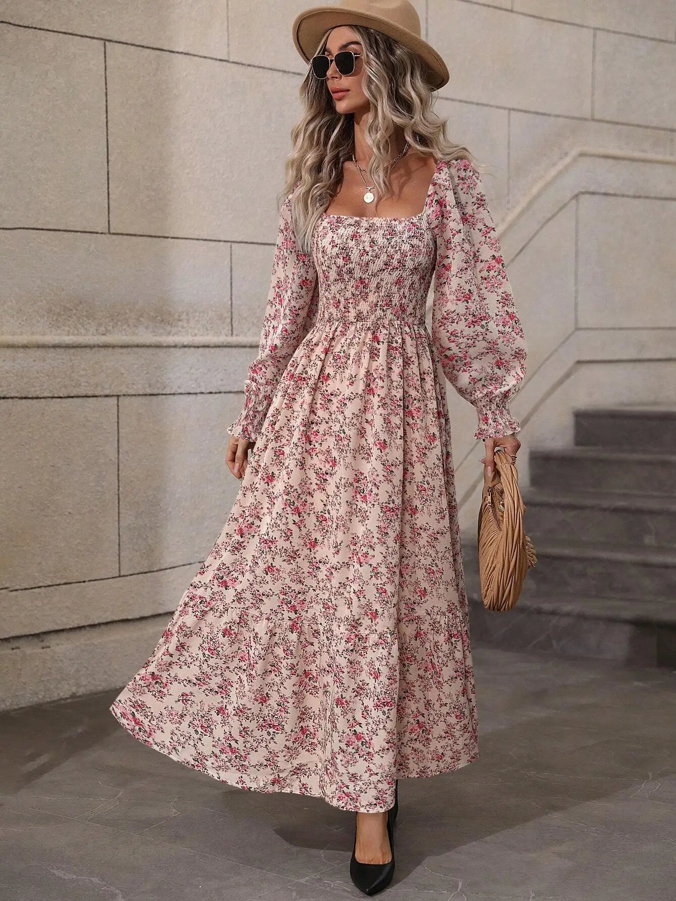 Women's Casual Dresses Puff Sleeve Floral Print Fashion Trendy Temperament Elegant Vintage Commuting All-match Backless Vestidos