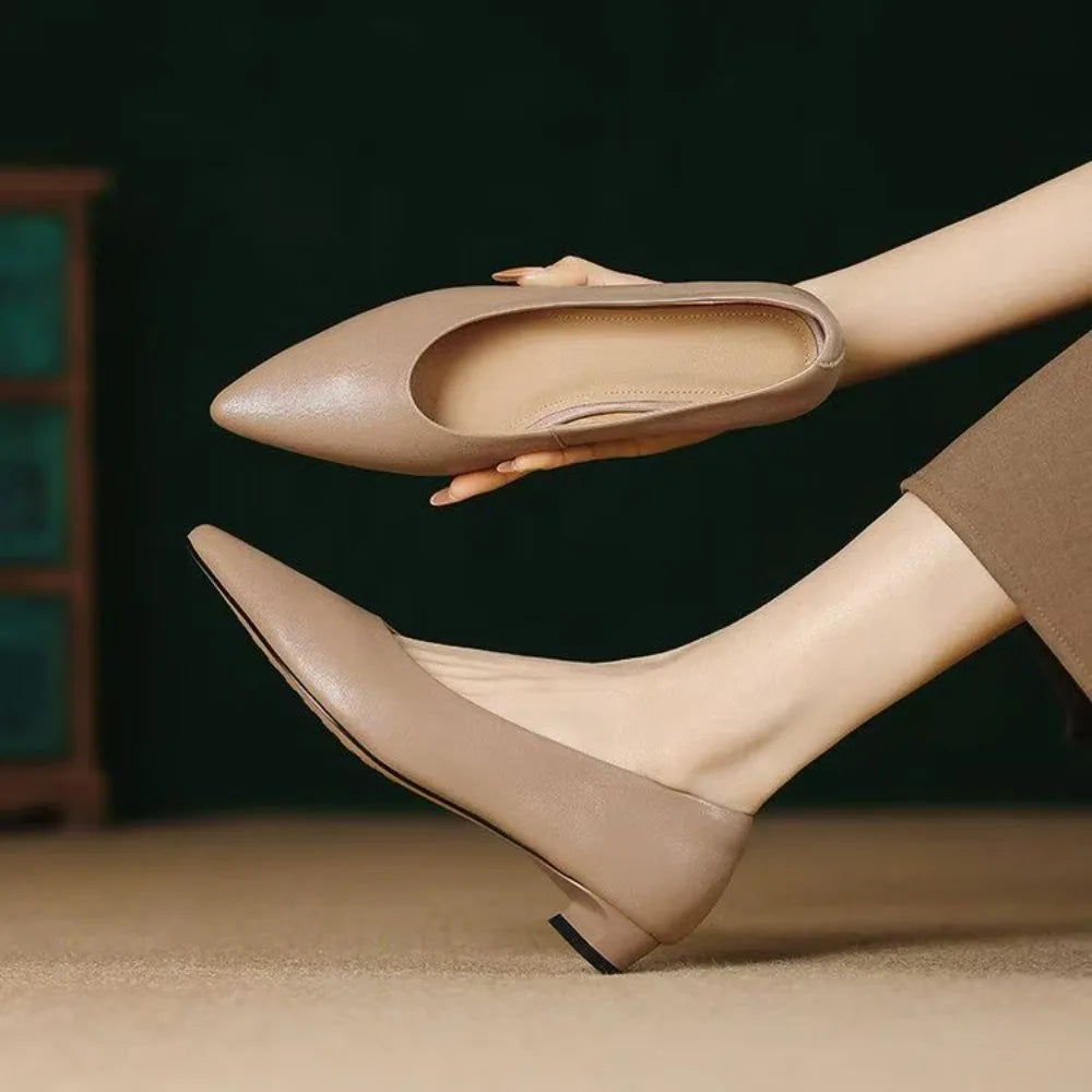 2026 New Arrival Women's Low-Heel Pumps Black Leather Formal Shoes Slip-On Commuter Comfortable Mid-Heel Pumps