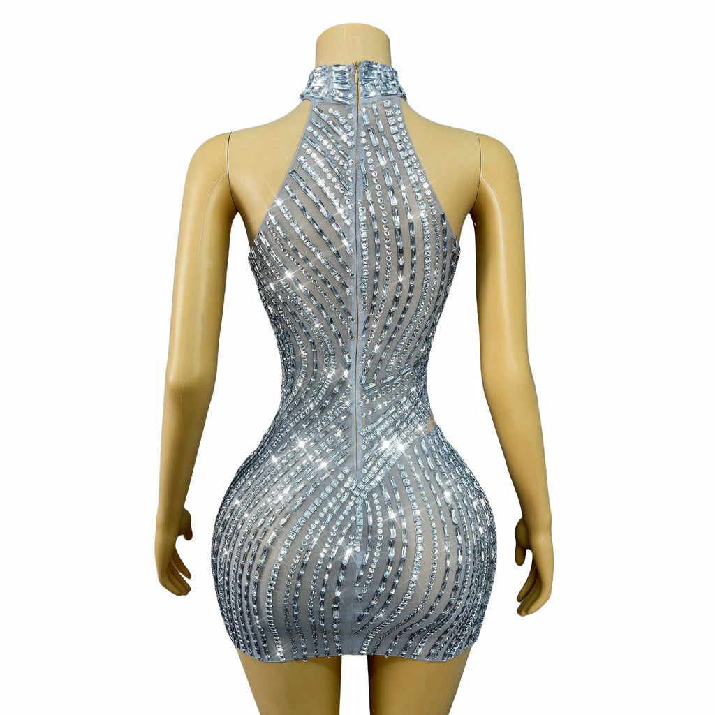 Luxurious Twinkling Silver Rhinestones Elegant Trim fit Mesh Dress Women Evening Party Celebrate Gown Show Fashion Outfit Yueya
