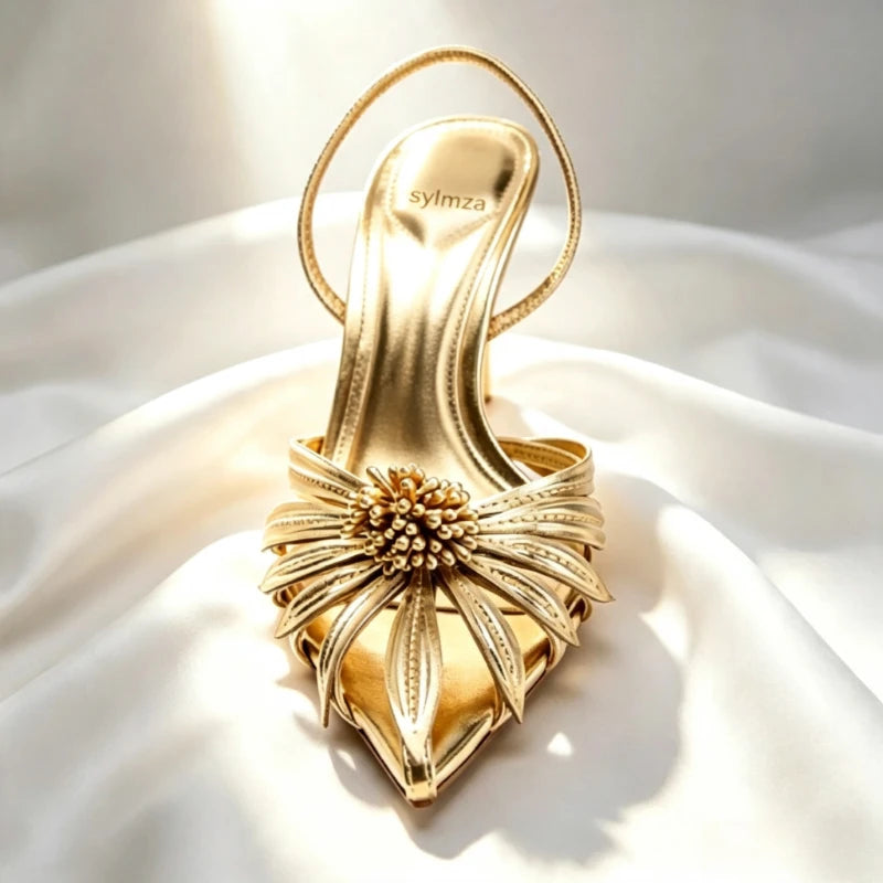 Luxury Gold Floral Detail Slingback Heels Women Unique Laminated Effect Design Pointed-Toe Heel Sandals Elegant Party Dress Shoe