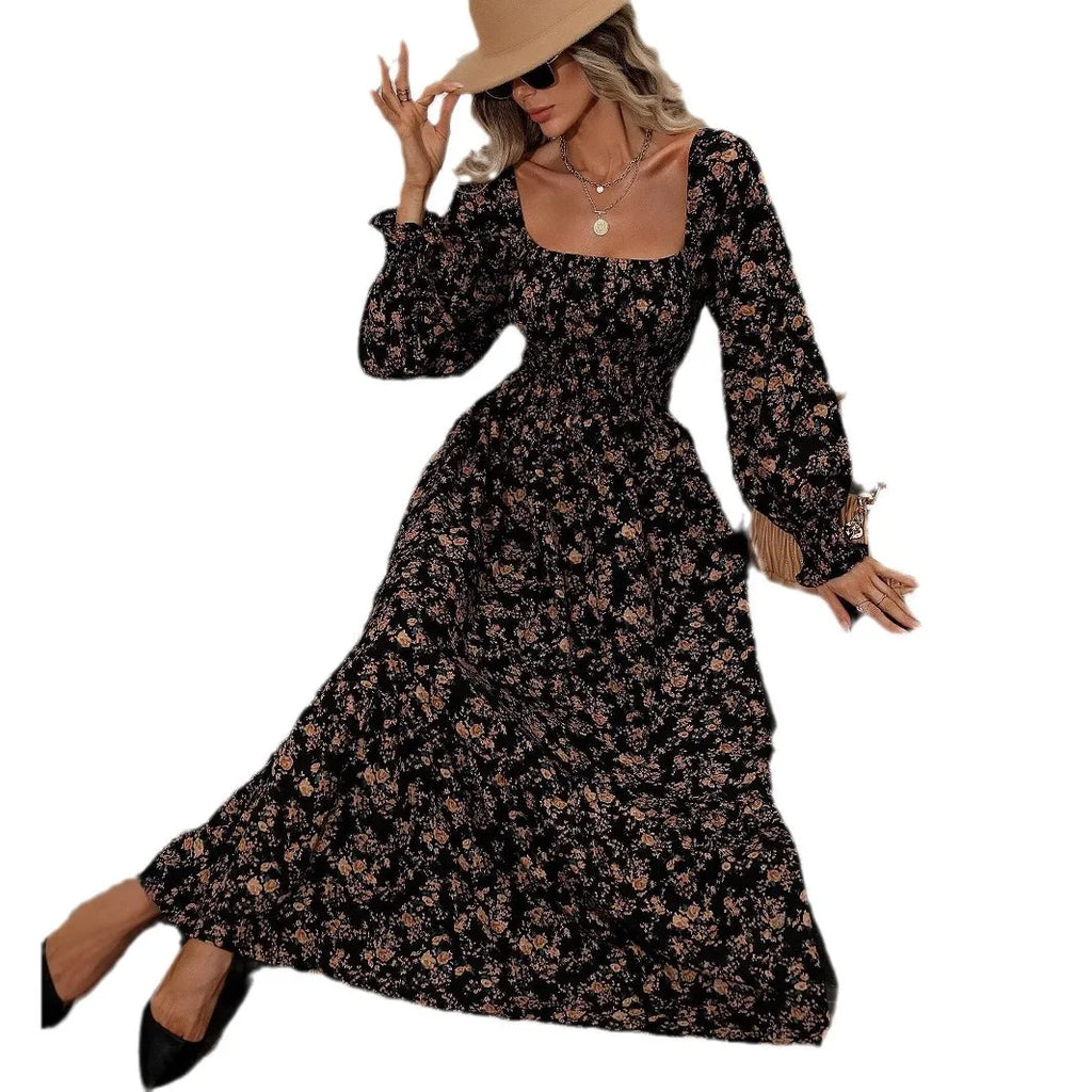 Women's Casual Dresses Puff Sleeve Floral Print Fashion Trendy Temperament Elegant Vintage Commuting All-match Backless Vestidos