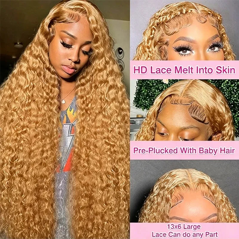 34 38Inch Honey Blonde Wig Human Hair Deep Wave 13x6 Hd Lace Frontal Wig 230 Density Preplucked #27 Colored Curly Lace Front Wig