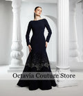 Pretty Black Irregular Neck A-Line Dubai Evening Dresses with Full Sleeves Crystal Elegant Wedding Dresses Prom Gown Customized