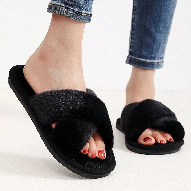 Autumn Winter Fluffy Fur Slippers Women Lightweight Cross Band Plush Slides Woman 2025 Open Toe Flats Fuzzy Home Slippers Female