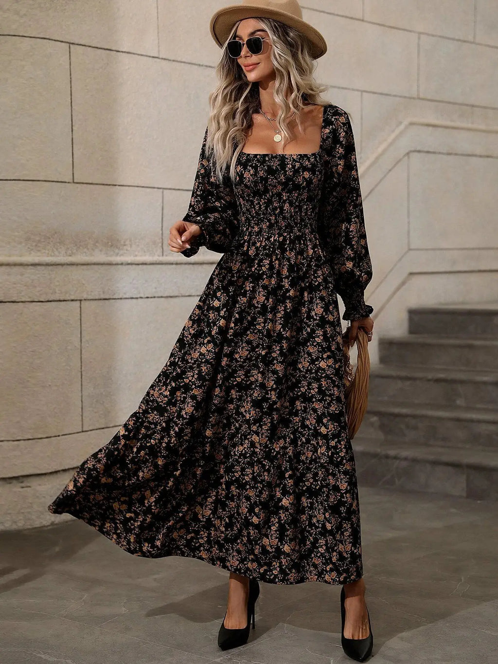 Women's Casual Dresses Puff Sleeve Floral Print Fashion Trendy Temperament Elegant Vintage Commuting All-match Backless Vestidos
