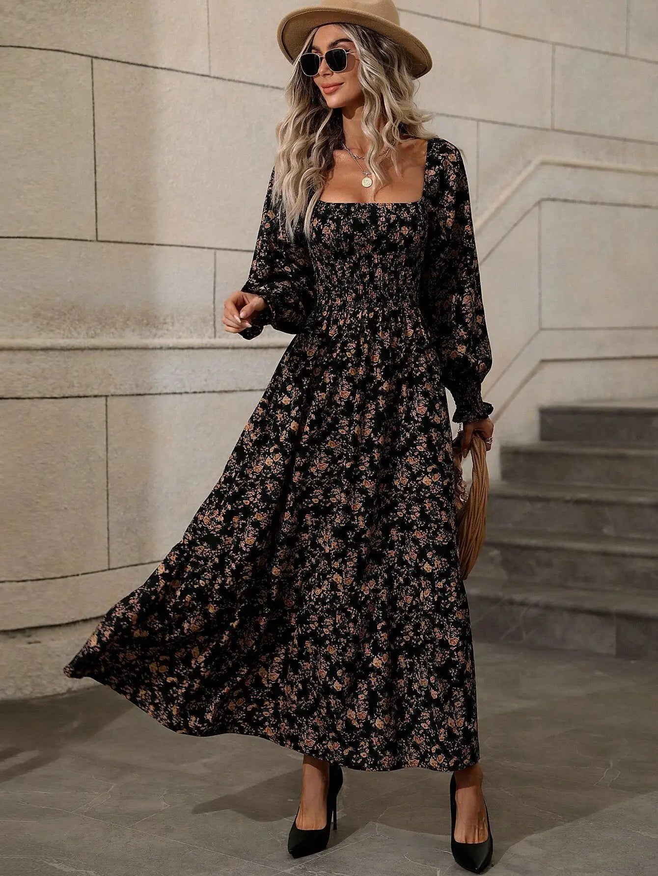 Women's Casual Dresses Puff Sleeve Floral Print Fashion Trendy Temperament Elegant Vintage Commuting All-match Backless Vestidos